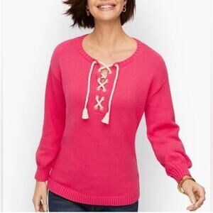 Talbots Women's Lace Up Sweater Bishop Sleeves Ribbed Hem Pink Cotton Blend
